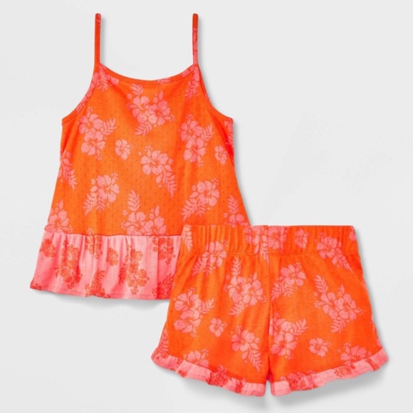 Girls 2pc Floral Ruffle Tank Top shorts Pajama Set Orange Pink - Picture 4 of 5